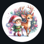 Sticker Rond Whimsical Elf et Reindeer Christmas<br><div class="desc">Un elfe fantaisiste mignon et des autocollants de fête des rennes. Joli style aquarelle art.</div>