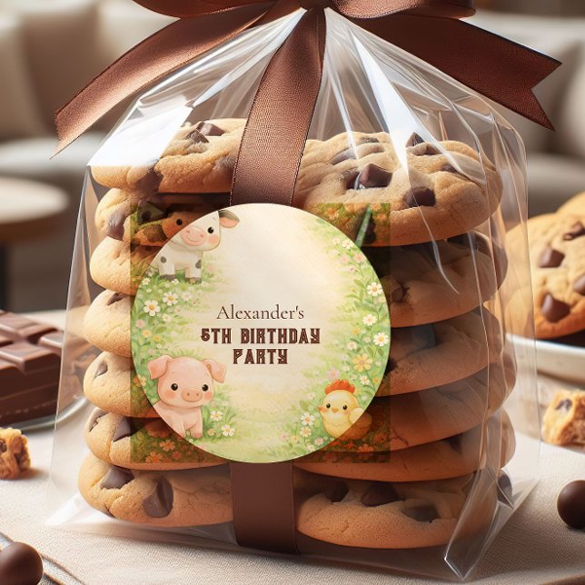 Sticker Rond Whimsical Farm Friends Storybook Kids Birthday (Créateur téléchargé)