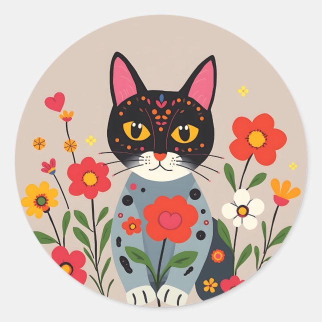 Sticker Rond Whimsical Folk Art Chat noir et fleurs (Devant)