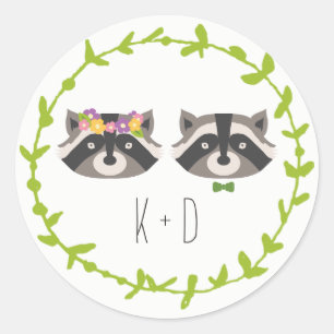 Sticker Rond Whimsical Forest Raccoons Rustic Mariage