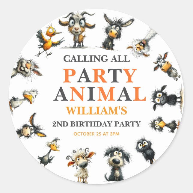 Sticker Rond Whimsical Funny Animals 2nd Birthday Party (Devant)