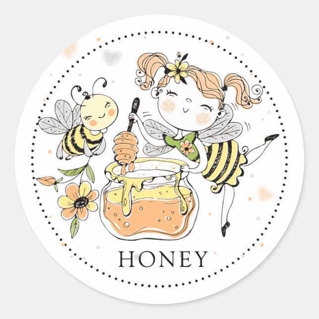 Sticker Rond Whimsical Girl bee honey Jar Label (Devant)