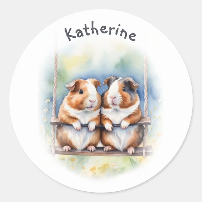 Sticker Rond Whimsical Guinea Pigs on a Swing Personalized (Devant)