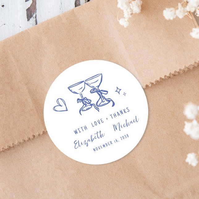 Sticker Rond Whimsical Hand Drawn Blue Wedding Thank You (Whimsical Hand Drawn Blue Wedding Thank You Classic Round Sticker)