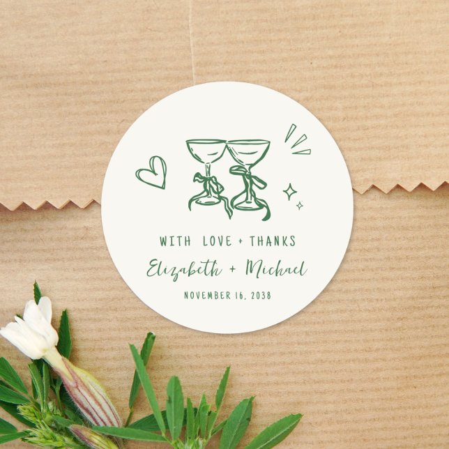 Sticker Rond Whimsical Hand Drawn Green Cream Wedding Thank You (Whimsical Hand Drawn Green Cream Wedding Thank You Classic Round Sticker)
