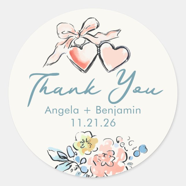 Sticker Rond Whimsical Hand Drawn Locket Wedding Thank You (Devant)