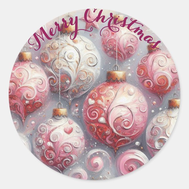 Sticker Rond Whimsical Impressionistic Christmas Ornaments Pink (Devant)