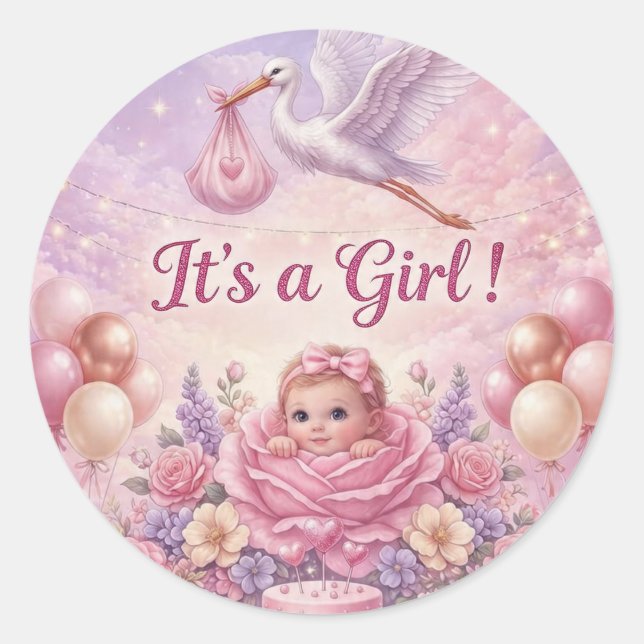 Sticker Rond Whimsical It's a Girl Pink Stork Baby Shower  (Devant)