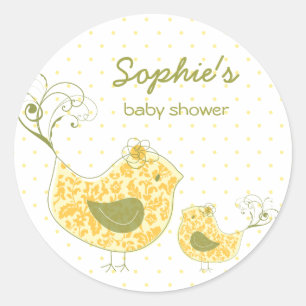 Sticker Rond Whimsical Jaune Damask maman Bird & Baby shower