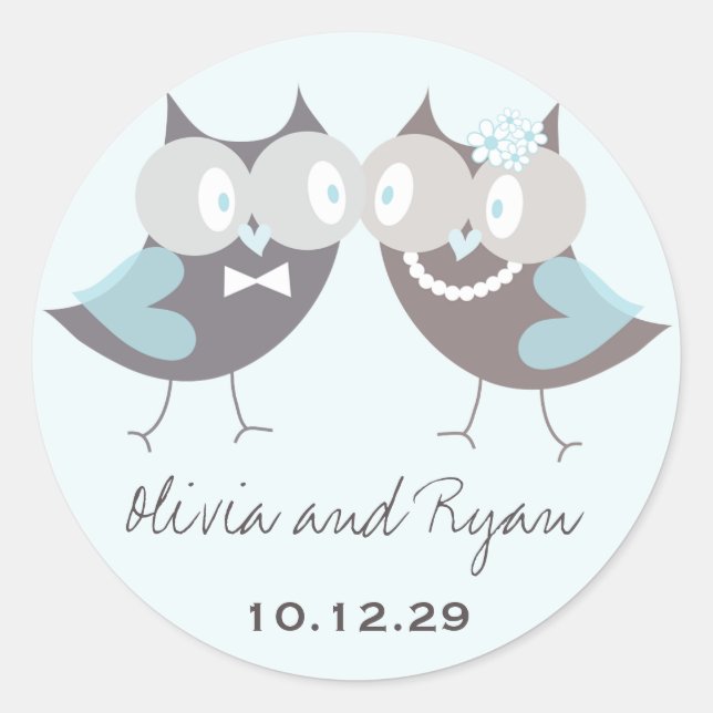 Sticker Rond Whimsical mignon Mariage Brown Chouettes Bleues Fa (Devant)