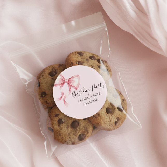 Sticker Rond Whimsical Pink Bow Birthday Party (Créateur téléchargé)