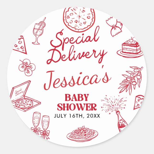 Sticker Rond Whimsical Special Delivery Baby Shower (Devant)