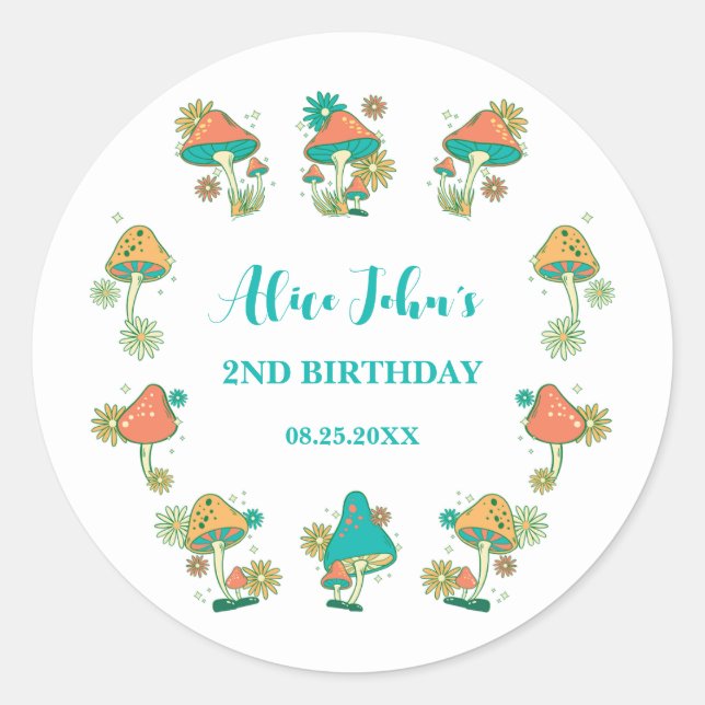Sticker Rond Whimsical Super Psychedelic Champhroom Anniversair (Devant)