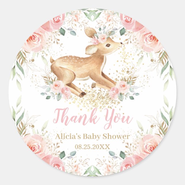 Sticker Rond Whimsical Sweet Deer Blush Floral Baby shower (Devant)