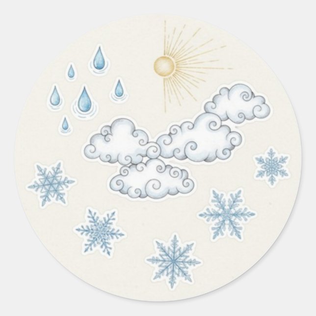 Sticker Rond Whimsical Weather Icons – Sun Clouds Rain and Snow (Devant)