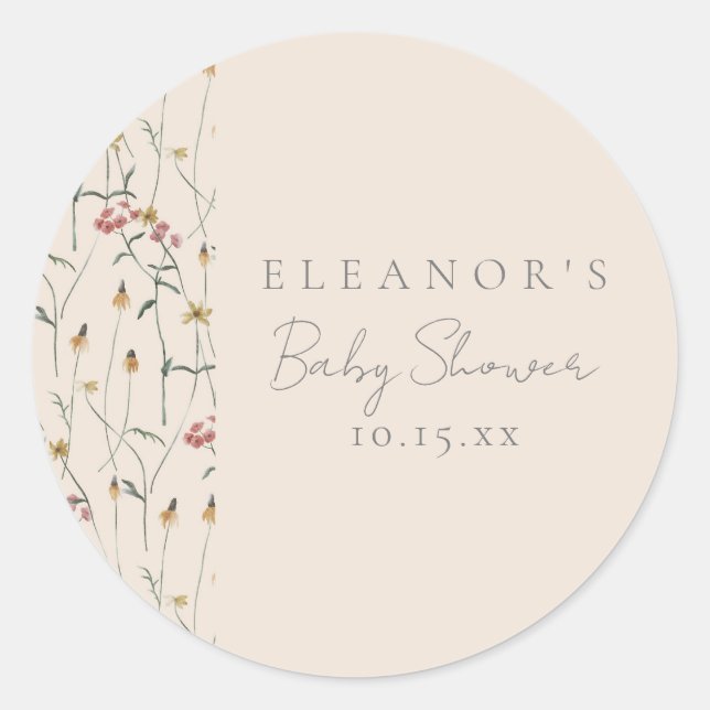 Sticker Rond Whimsical Wildflower Floral Custom Baby Shower (Devant)