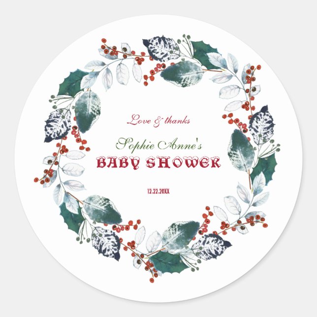 Sticker Rond Whimsical Winter Holy Berries Wreath Baby shower (Devant)