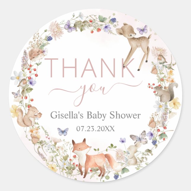 Sticker Rond Whimsical Woodland Animals Wildflower Baby Shower  (Devant)