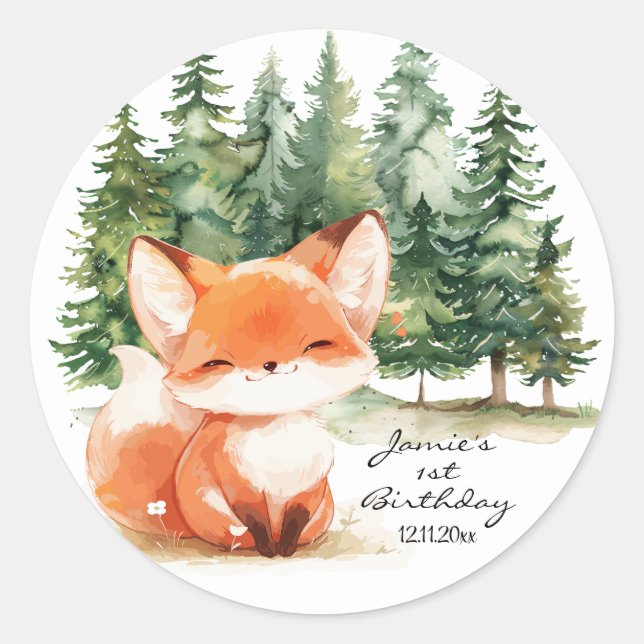 Sticker Rond Whimsical Woodland Baby Fox 1er anniversaire (Devant)
