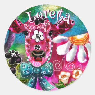 Sticker Rond Whimssal Floral Vache rose Turquoise noir personna