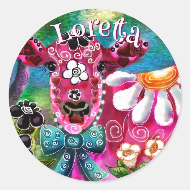 Sticker Rond Whimssal Floral Vache rose Turquoise noir personna (Devant)