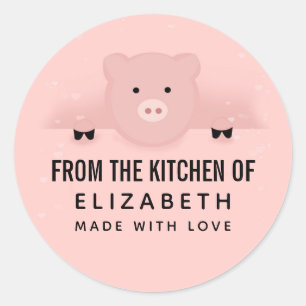 Sticker Rond Whimssical Pink Pig Cute Farm Animal Cuisine