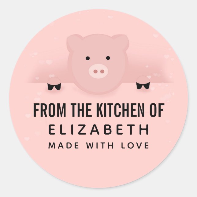 Sticker Rond Whimssical Pink Pig Cute Farm Animal Cuisine (Devant)