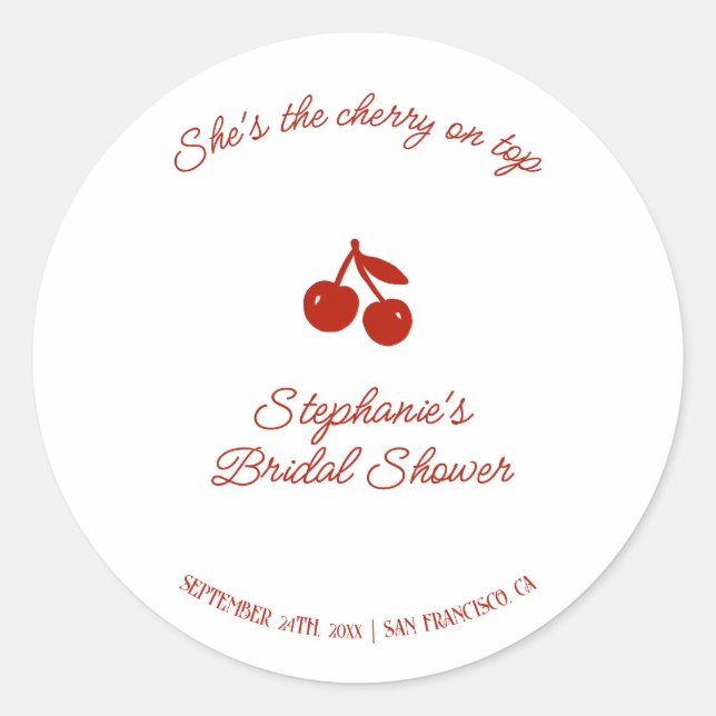Sticker Rond Whimsy Red She's the Cherry on Top Bridal Shower (Devant)