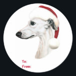 Sticker Rond Whippet Christmas White Père Noël Tags cadeaux<br><div class="desc">Noël avec des hippets,  Célébrez la saison avec ce whippet habillé d'un Casquette du Père Noël. Disponible en blanc,  noir,  faon,  bleu & blanc et bronzé & blanc. Greyhound & IG Les amateurs aimeront eux aussi.</div>