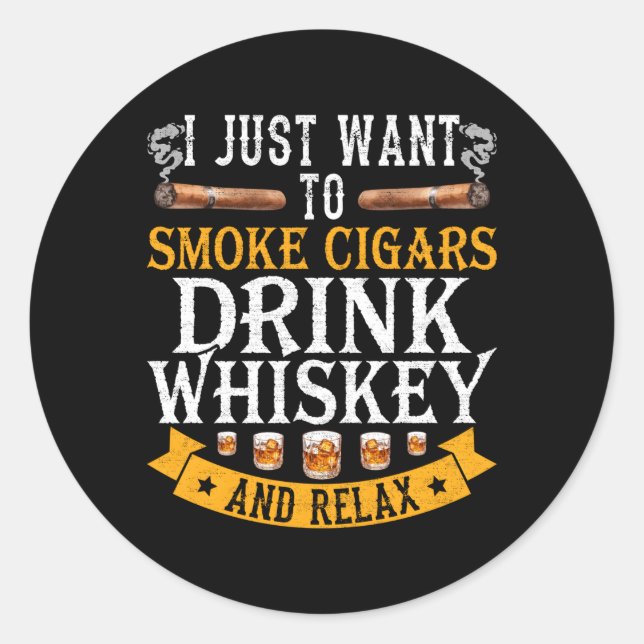 Sticker Rond Whiskey Bourbon Alcohol Scotch Drinker Smoke Cigar (Devant)