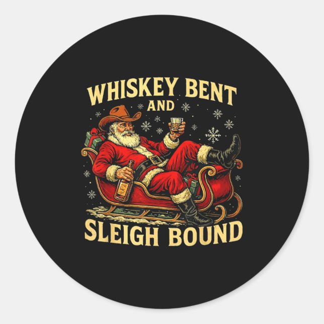 Sticker Rond Whiskey Sleigh Bound Cowboy Santa Christmas  (Devant)