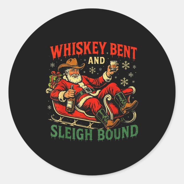 Sticker Rond Whiskey Sleigh Bound Cowboy Santa Christmas  (Devant)