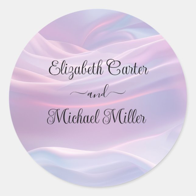 Sticker Rond Whispers of Silk : Dreamy Pastel Waves Pink Blue (Devant)