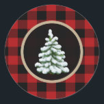 Sticker Rond White Christmas Tree Holiday Red Buffalo Plaid<br><div class="desc">Stickers</div>