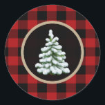 Sticker Rond White Christmas Tree Holiday Red Buffalo Plaid<br><div class="desc">Stickers</div>