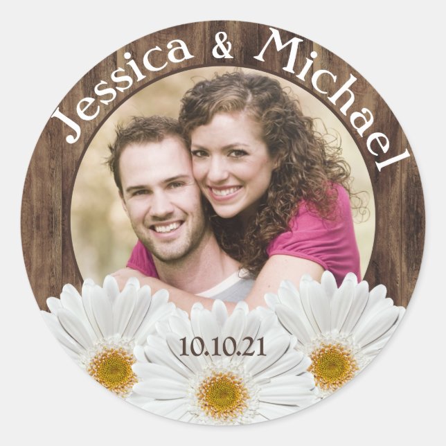 Sticker Rond White Daisy Rustic Wood Photo Mariage Enregistrer  (Devant)