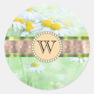 Sticker Rond White Daisy's in Green Meadow Monogramme