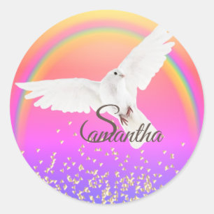 Sticker Rond White Dove Arc-en-ciel et parties scintillant d'or