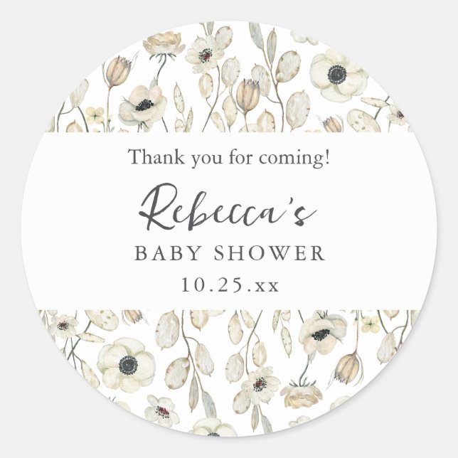 Sticker Rond White Floral baby shower thank you favor  (Devant)