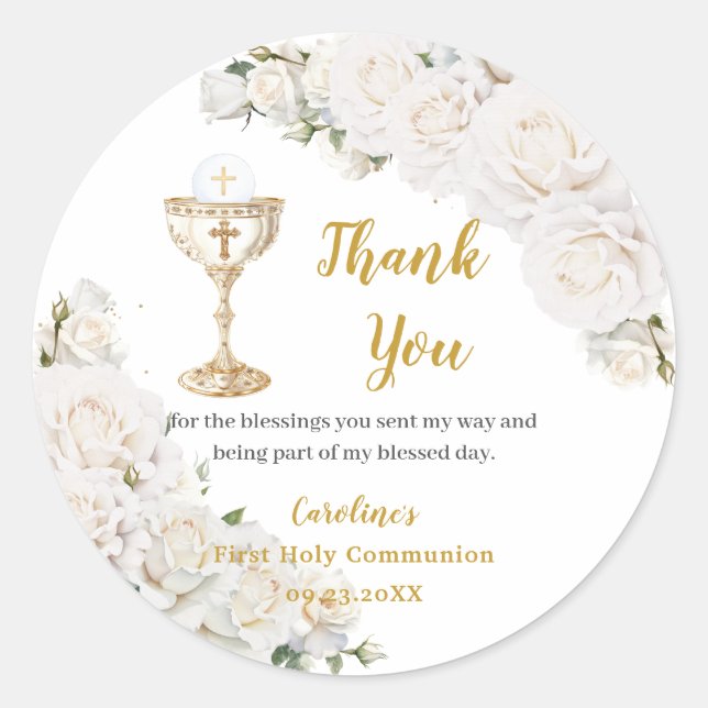 Sticker Rond White Floral First Holy Communion Chalice Photo (Devant)
