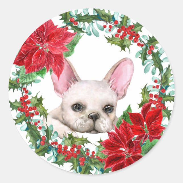 Sticker Rond White Frenchie Poinsettia Holly Berry Wreath (Devant)