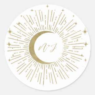 Sticker Rond White & Gold Stars Celestial Sunburst Moon Mariage