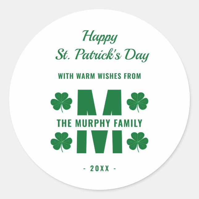 Sticker Rond White Green Monogram Nom de famille St. Patrick's  (Devant)