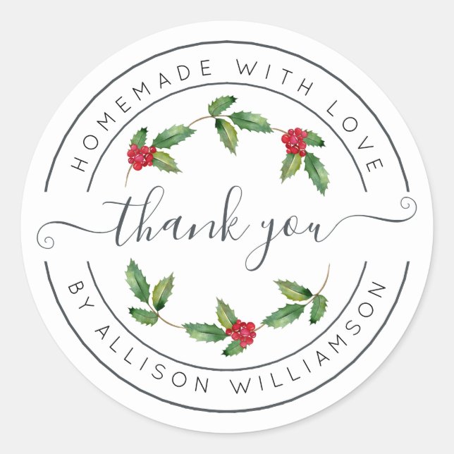 Sticker Rond White Holly Christmas Thank You (Devant)