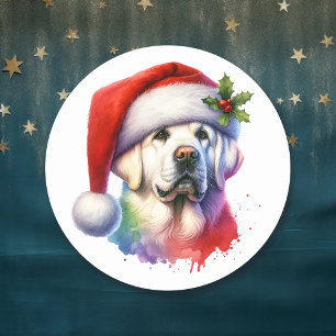 Sticker Rond White Lab à Santa Hat Christmas