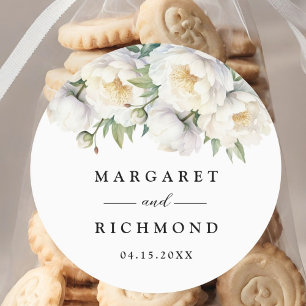 Sticker Rond White Peony Elegant Aquarelle Floral Mariage