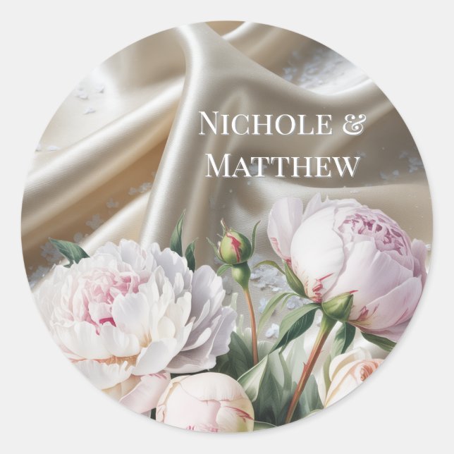 Sticker Rond White Satin with Roses and Peony Wedding (Devant)