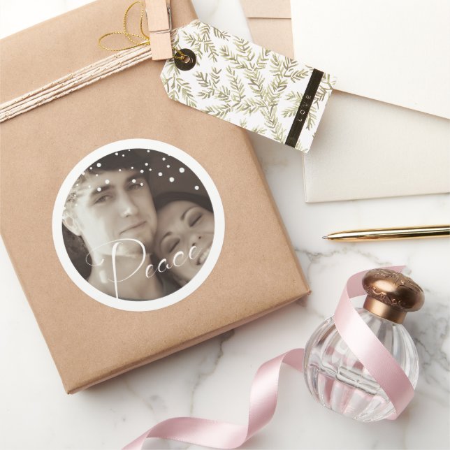 Sticker Rond White Snowflo Your Photo Peace Holiday Noël (Cadeaux)