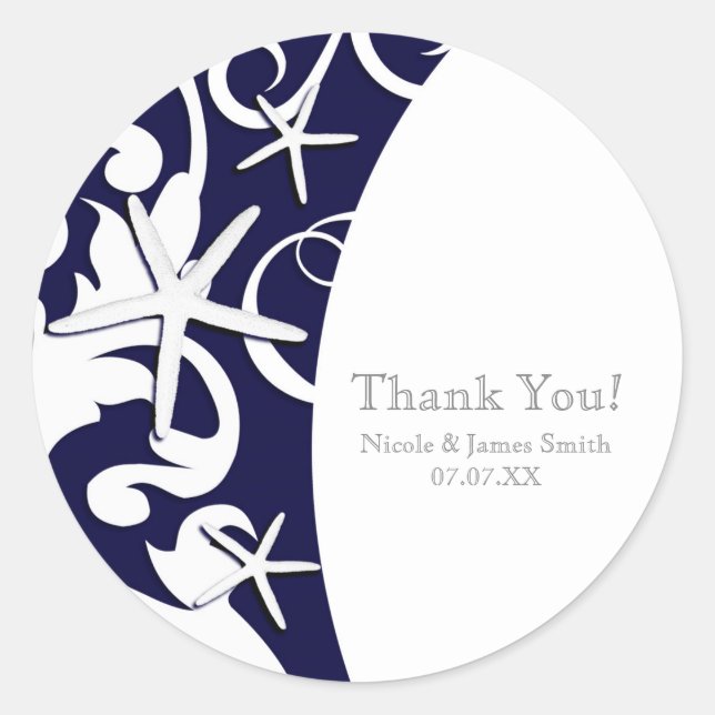 Sticker Rond White Starfish Marine Blue Elegant Beach Mariage (Devant)