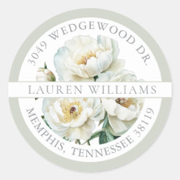 Sticker Rond White Watercolor Peonies Feminine Return Address